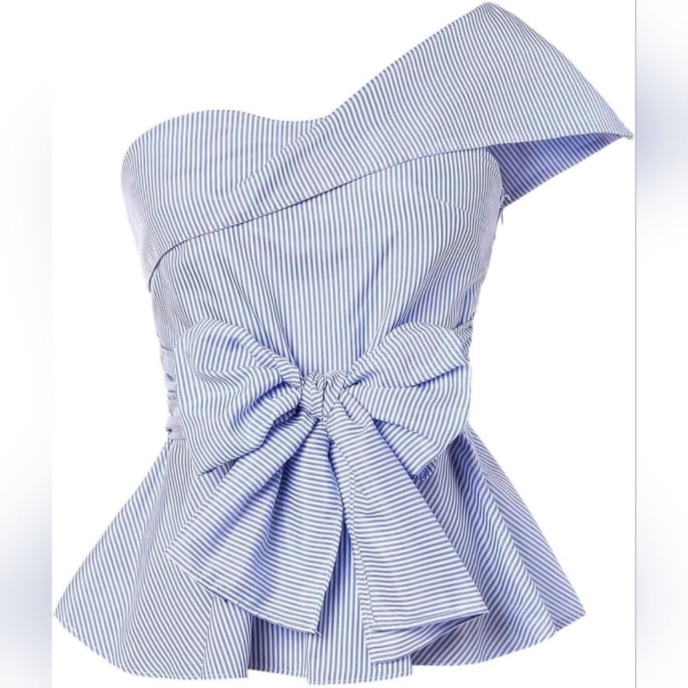 Blue & White Pinstripe One Shoulder Peplum Bow Blouse Sz 8/10 (L) Spring Summer
